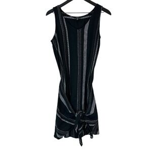 Drew Morgan Tie Front Linen Blend SleevelessV Neck Striped Dress